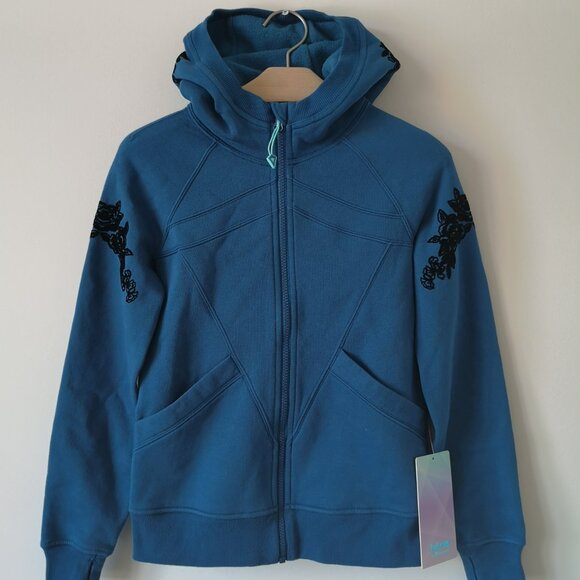 NWT IVIVVA by LULULEMON Blue Teal Embroidery Fleece Girl's Hoodie Jacket 10 SE - Picture 1 of 9